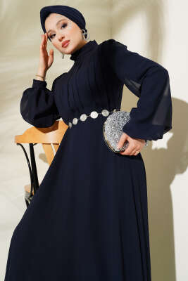 Önü Pileli Kuşaklı Şifon Abiye Elbise Lacivert - Tesettür Elbise