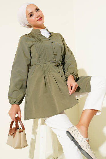 Önü Pileli Terikoton Gömlek Haki - Gömlek