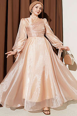 Önü Pileli Tül Abiye Elbise Bej - CNR TEKSTİL