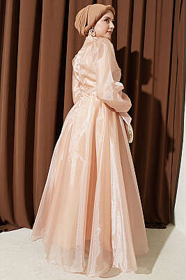 Önü Pileli Tül Abiye Elbise Bej - Elbise