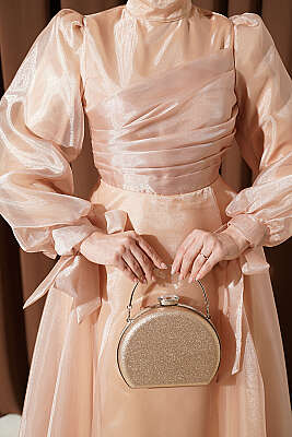 Önü Pileli Tül Abiye Elbise Bej - Elbise