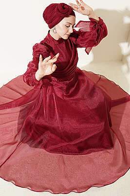 Önü Pileli Tül Abiye Elbise Bordo - CNR TEKSTİL