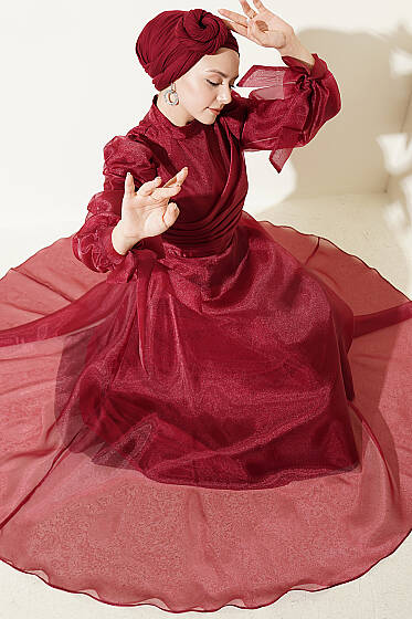 Önü Pileli Tül Abiye Elbise Bordo - Elbise