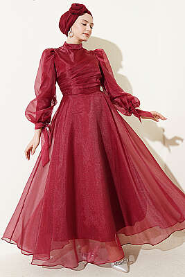 Önü Pileli Tül Abiye Elbise Bordo - Elbise