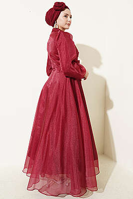 Önü Pileli Tül Abiye Elbise Bordo - Elbise