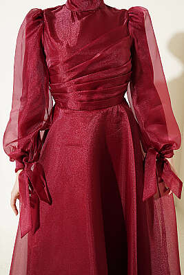 Önü Pileli Tül Abiye Elbise Bordo - Elbise