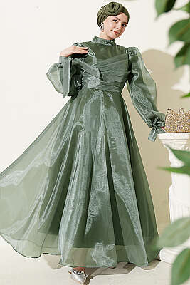 Önü Pileli Tül Abiye Elbise Haki - CNR TEKSTİL