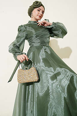 Önü Pileli Tül Abiye Elbise Haki - Elbise