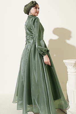 Önü Pileli Tül Abiye Elbise Haki - Elbise