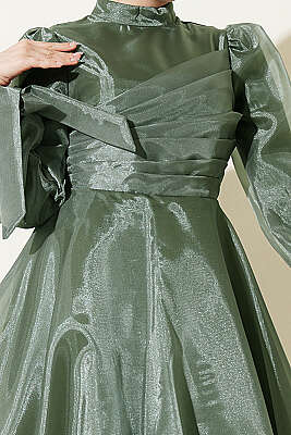 Önü Pileli Tül Abiye Elbise Haki - Elbise