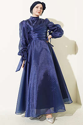 Önü Pileli Tül Abiye Elbise Lacivert - Elbise