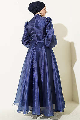 Önü Pileli Tül Abiye Elbise Lacivert - Elbise