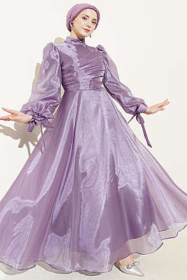 Önü Pileli Tül Abiye Elbise Lila - CNR TEKSTİL