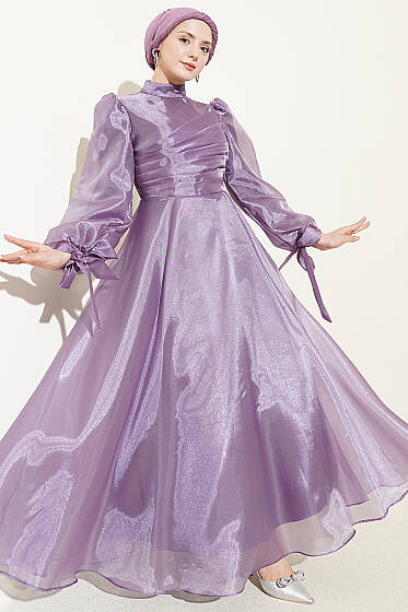Önü Pileli Tül Abiye Elbise Lila - Elbise