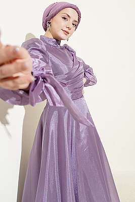 Önü Pileli Tül Abiye Elbise Lila - Elbise