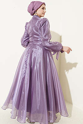 Önü Pileli Tül Abiye Elbise Lila - Elbise