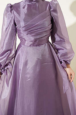 Önü Pileli Tül Abiye Elbise Lila - Elbise