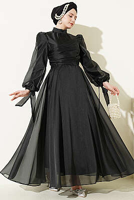 Önü Pileli Tül Abiye Elbise Siyah - CNR TEKSTİL