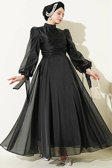 Önü Pileli Tül Abiye Elbise Siyah - Elbise