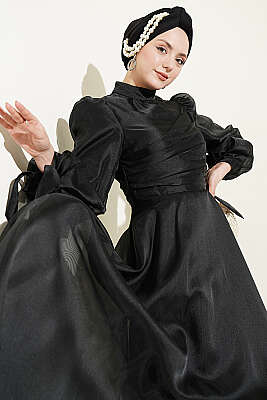 Önü Pileli Tül Abiye Elbise Siyah - Elbise