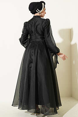 Önü Pileli Tül Abiye Elbise Siyah - Elbise