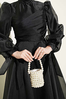 Önü Pileli Tül Abiye Elbise Siyah - Elbise