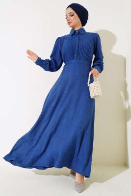 Önü Piliseli Elbise İndigo - Elbise