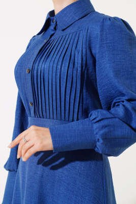 Önü Piliseli Elbise İndigo - Elbise