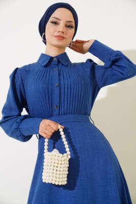 Önü Piliseli Elbise İndigo - Elbise