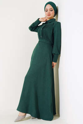 Önü Piliseli Elbise Zümrüt - Elbise