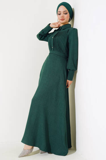 Önü Piliseli Elbise Zümrüt - Elbise