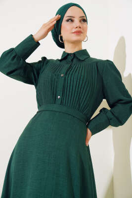 Önü Piliseli Elbise Zümrüt - Elbise