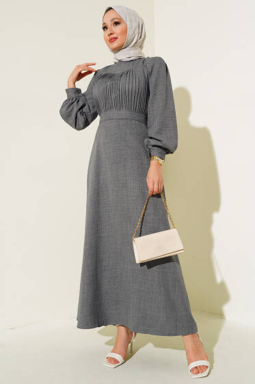 Önü Piliseli Keten Elbise Füme - Elbise