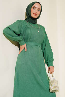 Önü Piliseli Keten Elbise Yeşil - Thumbnail