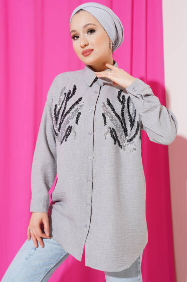 Önü Pul Detaylı Gömlek Gri - Yılın Fırsatı