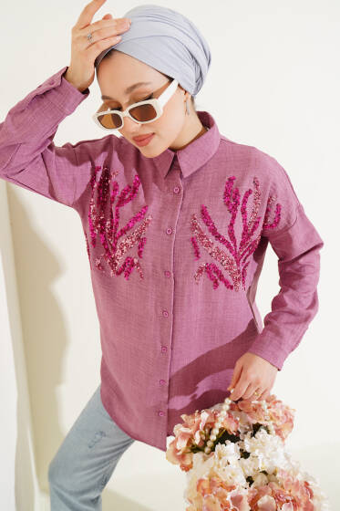 Önü Pul Detaylı Gömlek Gül Kurusu - Yılın Fırsatı