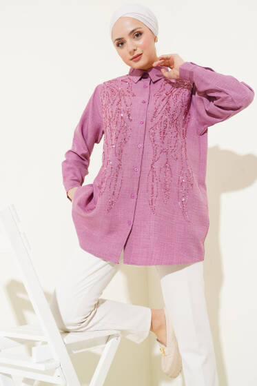 Önü Pul Süslemeli Basic Gömlek Gül Kurusu - Gömlek