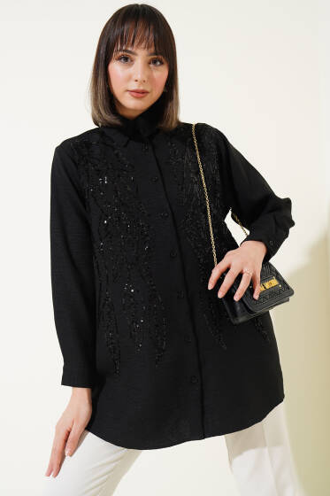 Önü Pul Süslemeli Basic Gömlek Siyah - Gömlek