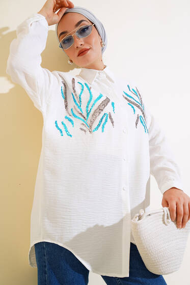 Önü Pul Süslemeli Gömlek Ekru - Gömlek