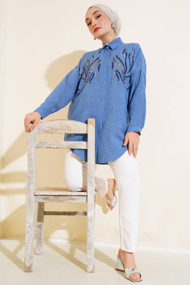 Önü Pul Süslemeli Gömlek İndigo - Gömlek