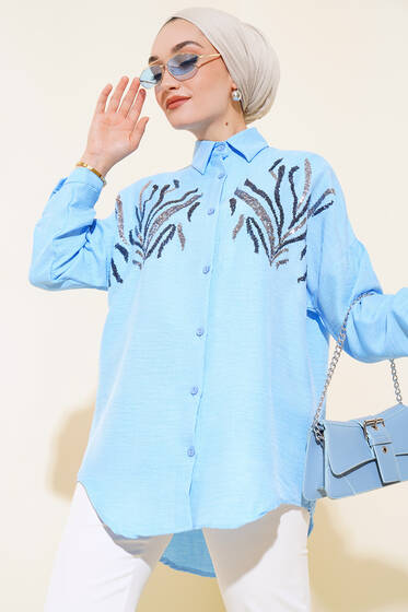 Önü Pul Süslemeli Gömlek Mavi - Gömlek