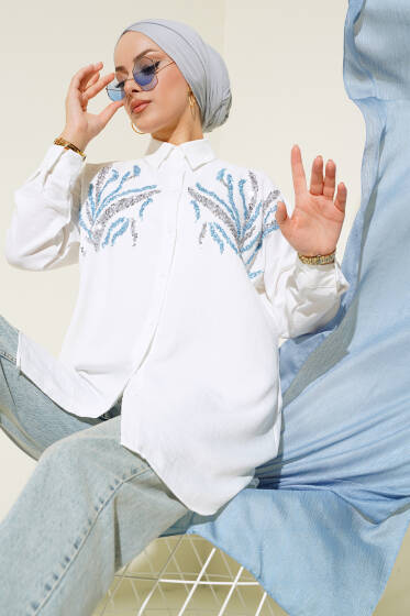 Önü Pullu Gömlek Ekru - Gömlek