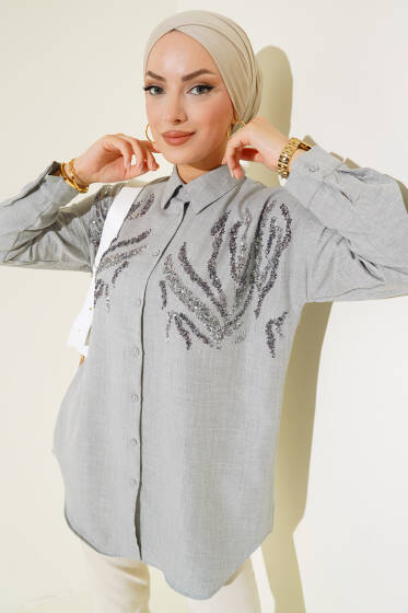 Önü Pullu Gömlek Gri - Gömlek