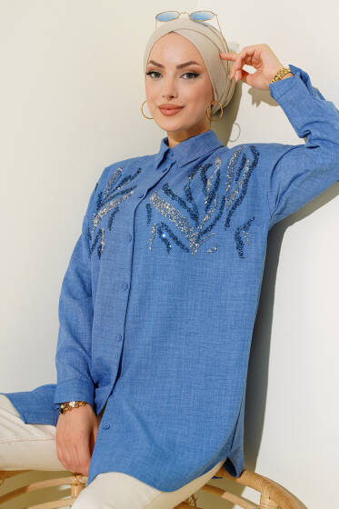 Önü Pullu Gömlek İndigo - Gömlek