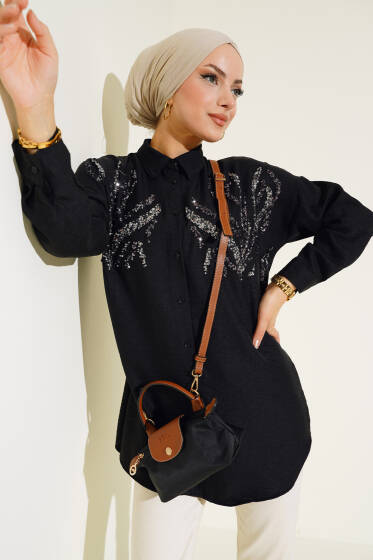 Önü Pullu Gömlek Siyah - Gömlek