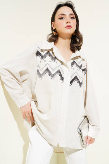 Önü Pullu İşlemeli Salaş Gömlek Taş - Gömlek