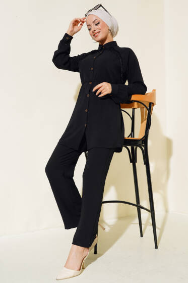 Önü Püskül Detaylı İkili Takım Siyah - İkili Takım