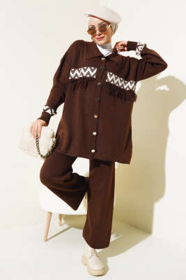 Önü Püskül Detaylı Triko İkili Takım Kahve - Triko İkili Takım