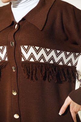 Önü Püskül Detaylı Triko İkili Takım Kahve - Triko İkili Takım