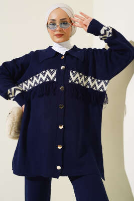 Önü Püskül Detaylı Triko İkili Takım Lacivert - Triko İkili Takım